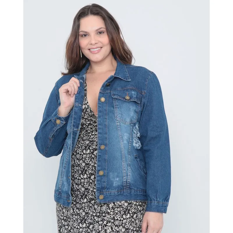 Jaqueta Jeans Feminina Plus Size Destroyed Azul Escuro G2