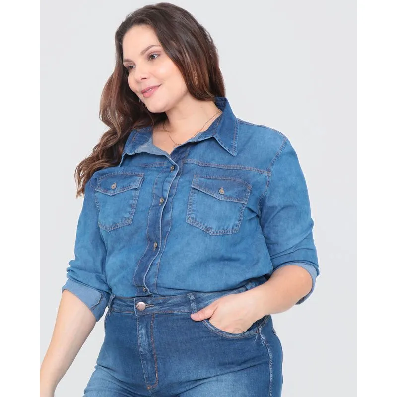Camisa Jeans Feminina Plus Size Azul Escuro G2