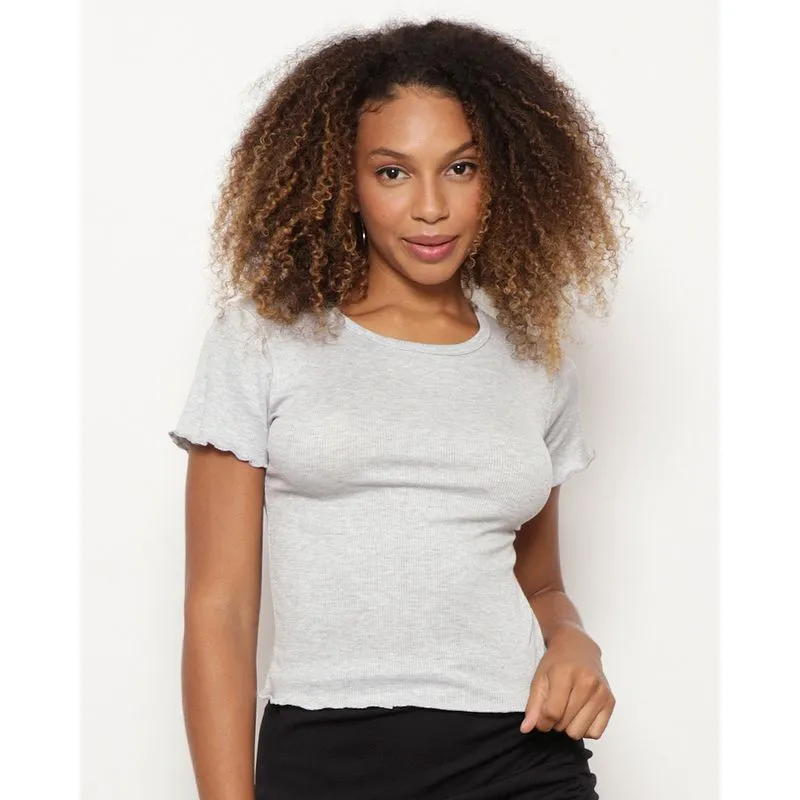 Blusa Feminina Manga Curta Canelada Fru Fru Cinza P