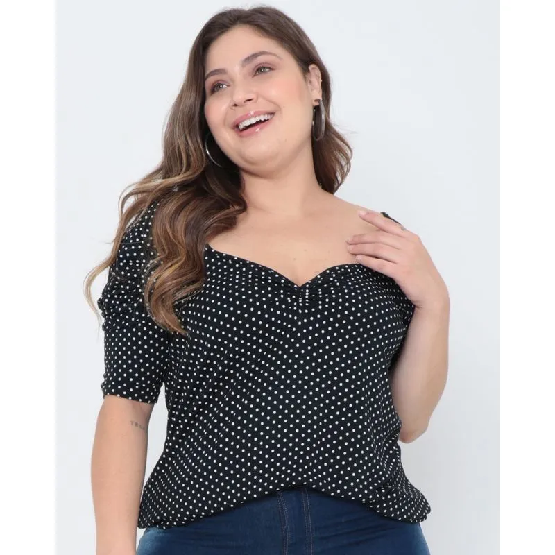 Blusa Plus Size Poá Manga Bufante Preta G1