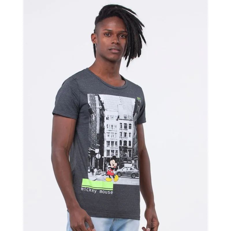 Camiseta Masculina Estampa Disney Mickey Mouse NYC Cinza P
