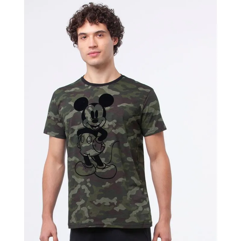 Camiseta Masculina Algodão Disney Mickey Mouse Camuflada Verde GG