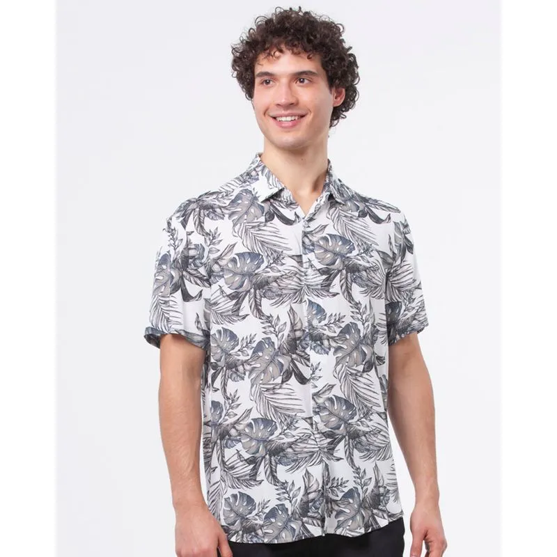 Camisa Masculina Manga Curta Estampa Tropical Branca M