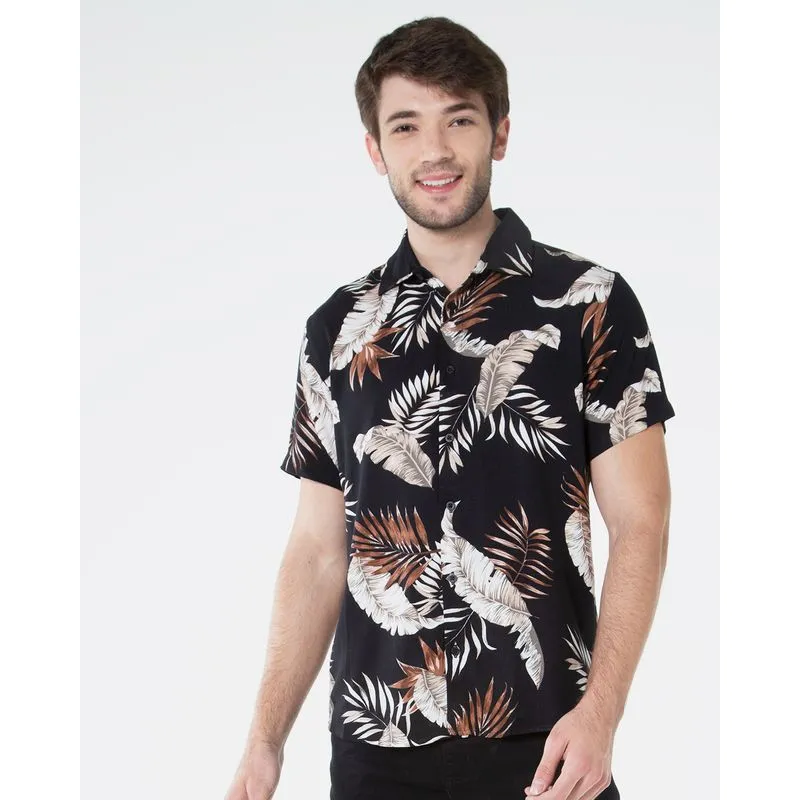 Camisa Masculina Manga Curta Folhagens Preta G