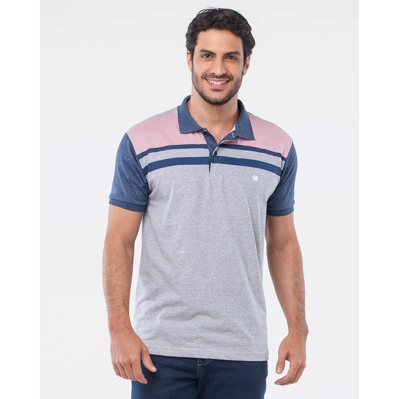 Polo Masculina Manga Curta Com Recorte Multicor Cinza Claro GG