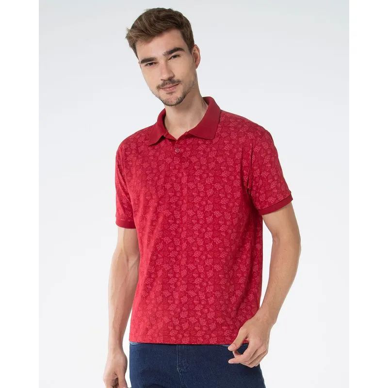 Polo Masculina Estampada Folhagens Vermelha P
