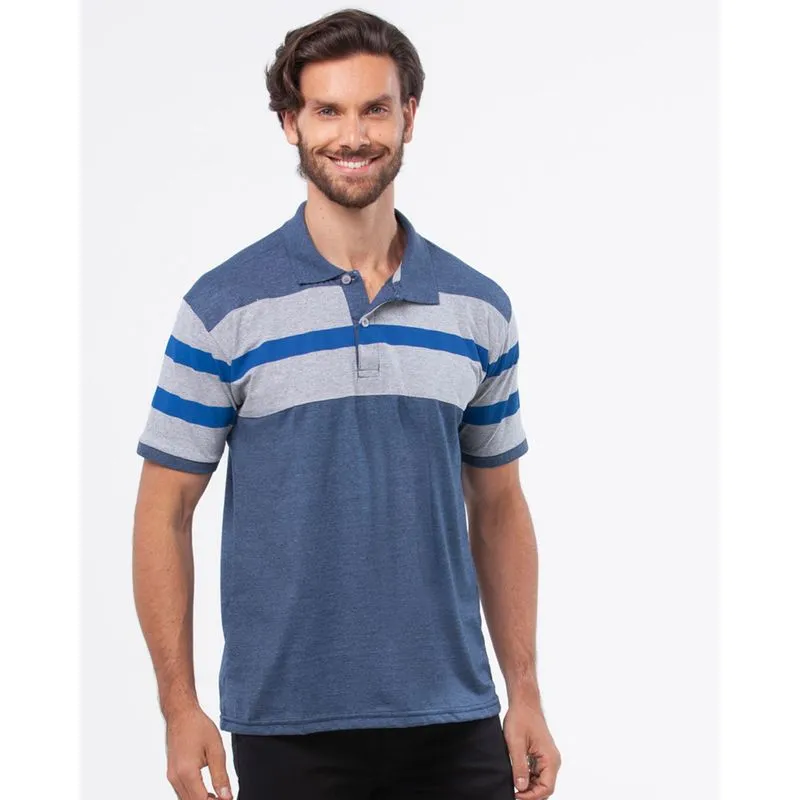 Polo Masculina Mescla Listras Manga Azul GG