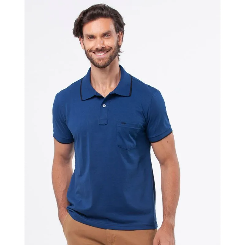 Polo Masculina Lisa Bolso Bordado Azul Escuro G