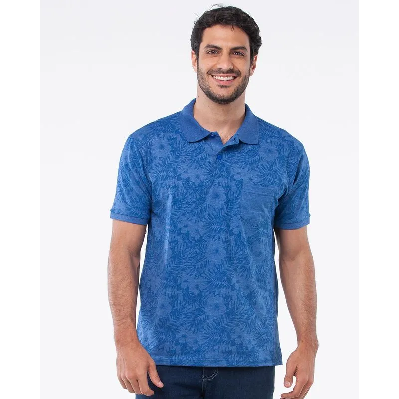 Polo Masculina Estampada Folhagem Bolso Azul Escuro M