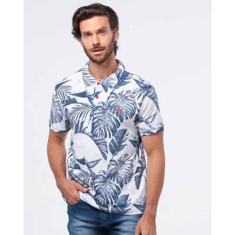 Polo Masculina Estampa Folhagem Branca P