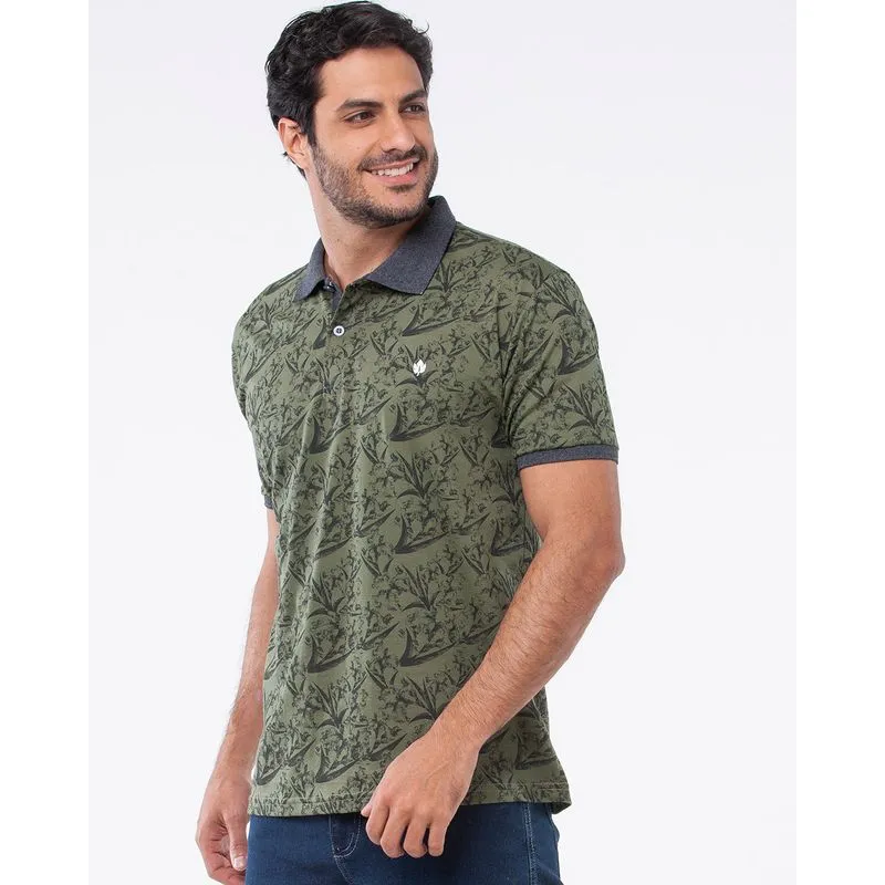 Polo Masculina Estampada Floral Verde Militar G