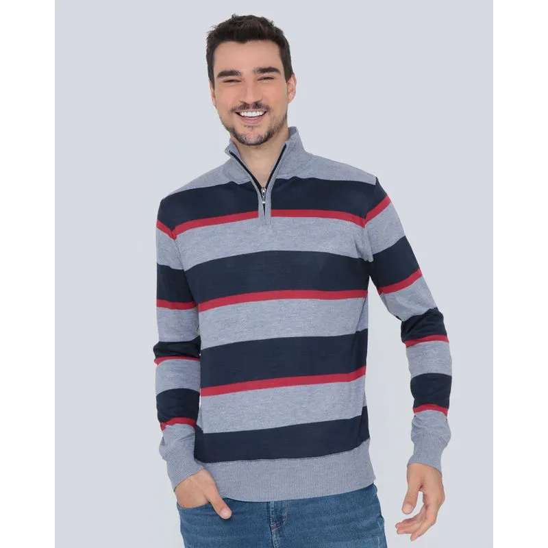 Suéter Masculino de Tricô Listrado Com Zíper Cinza P