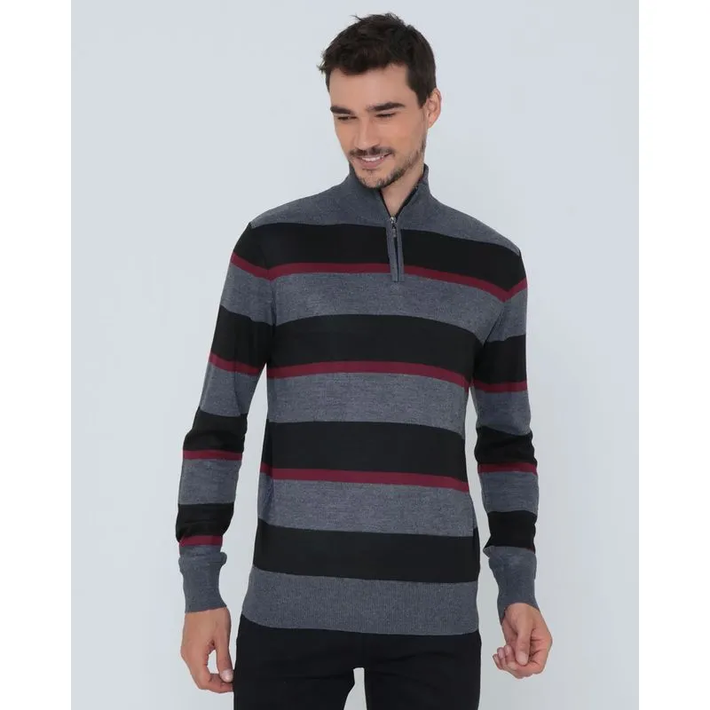 Suéter Masculino de Tricô Listrado Com Zíper Preto M