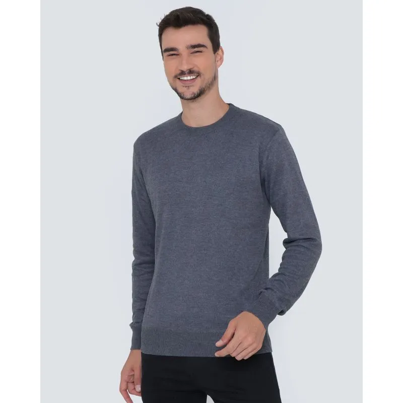 Suéter Masculino De Tricô Liso Cinza Escuro M