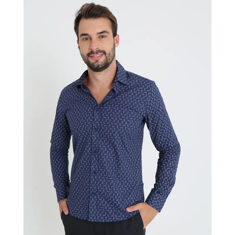 Camisa Social Masculina Manga Longa Estampada Azul 5
