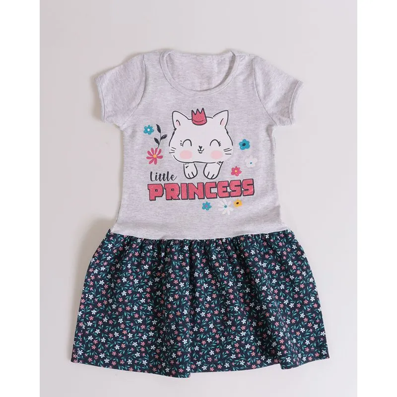 Vestido Bebê Estampa Gatinho Floral Mescla Cinza 3