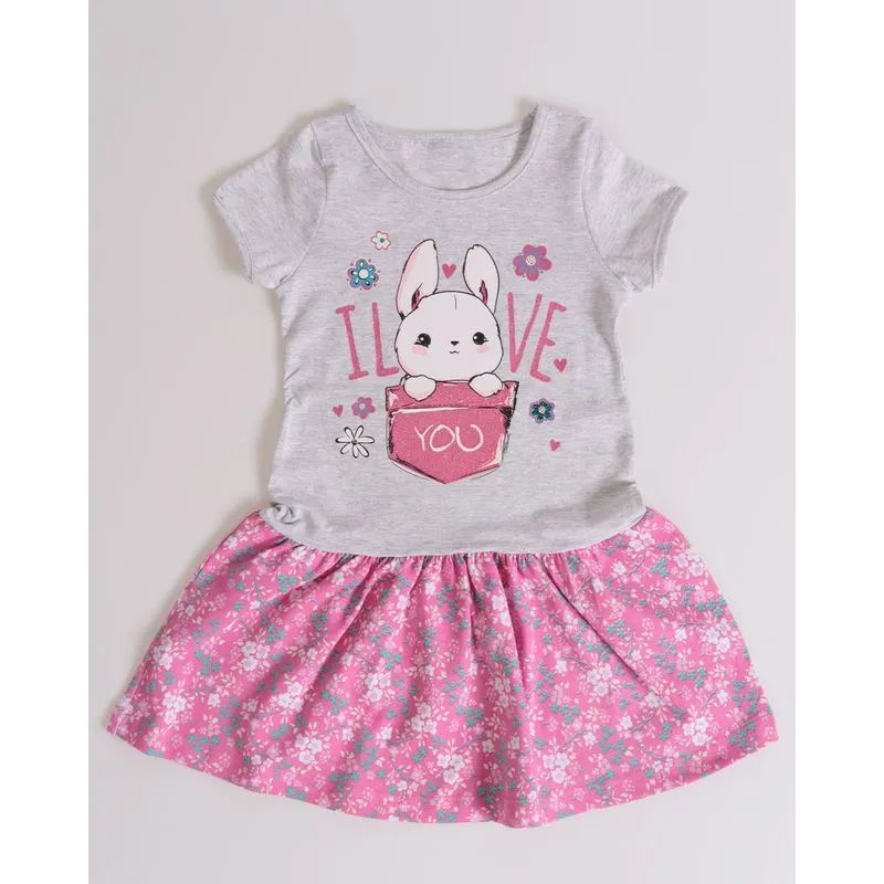 Vestido Bebê Estampa Coelhinho Floral Rosa Claro 1