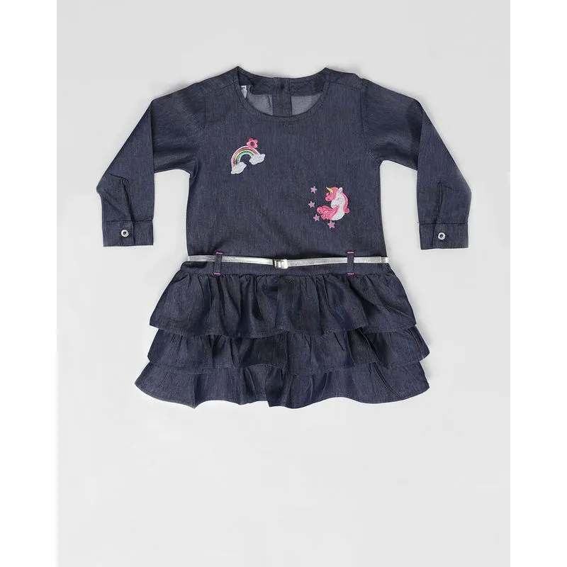 Vestido Bebê Jeans Babados Unicórnio Azul Escuro 1