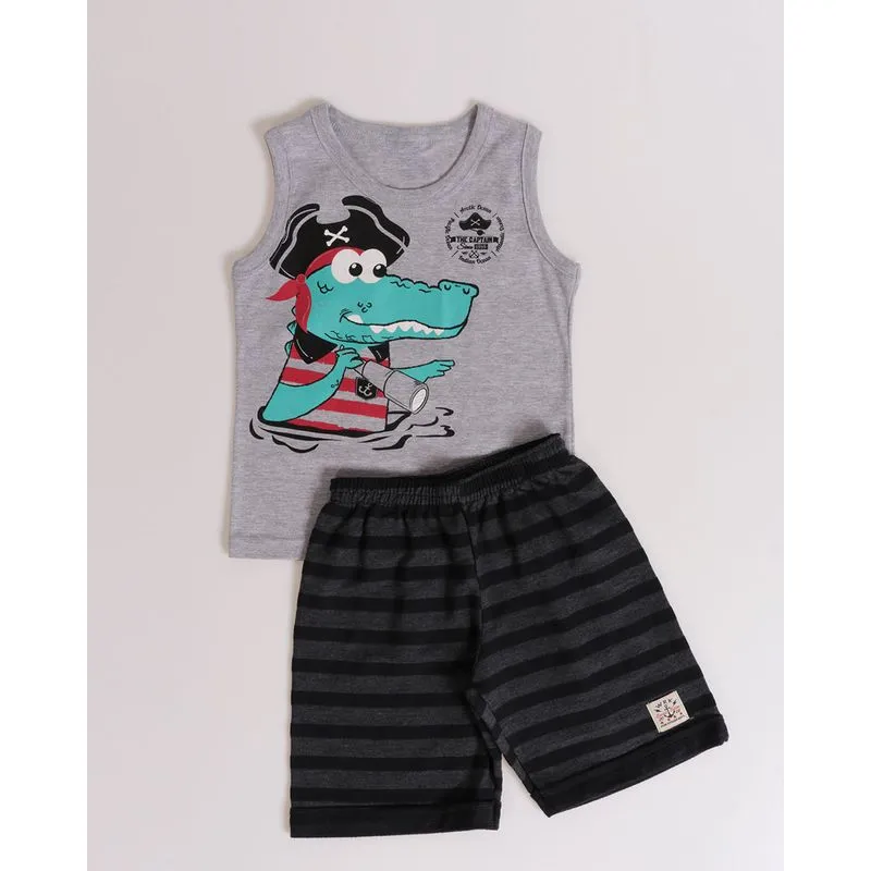 Conjunto Bebê Estampa Jacaré Mescla Cinza 1