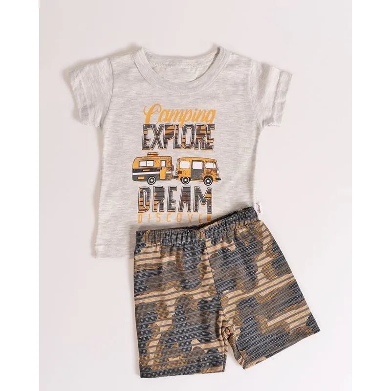 Conjunto Bebê Estampa Camping Mescla Cinza P