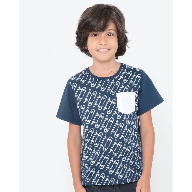 Camiseta Infantil Manga Curta Estampada Bolso Azul 4