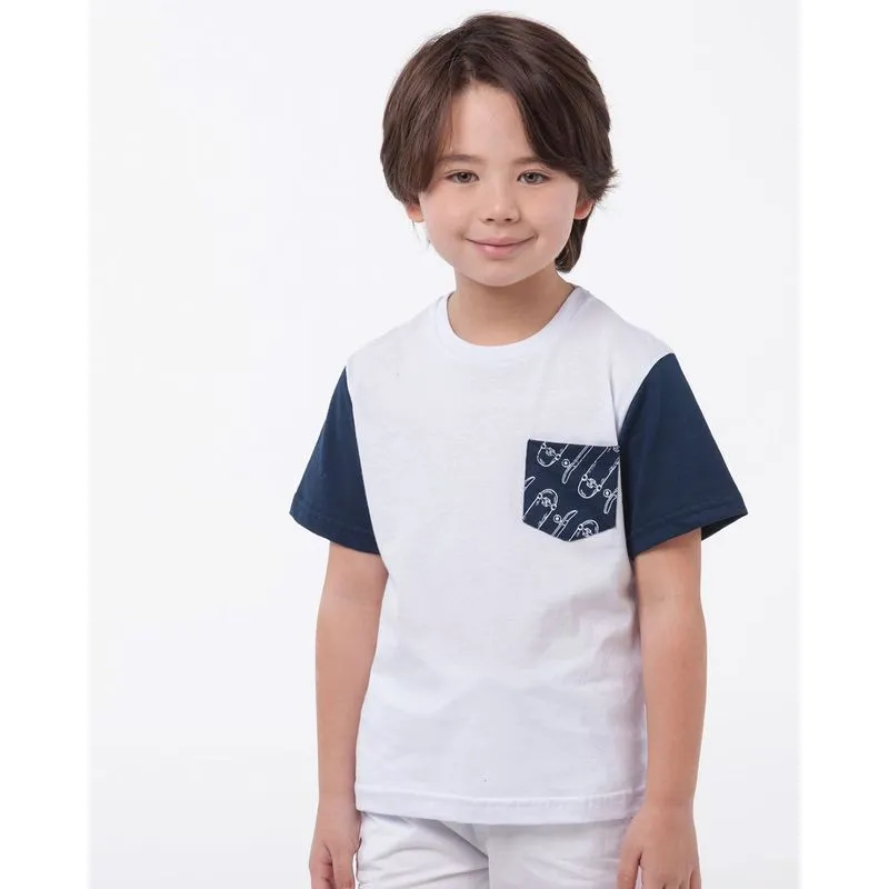 Camiseta Infantil Manga Curta Bolso Estampa Branca 4