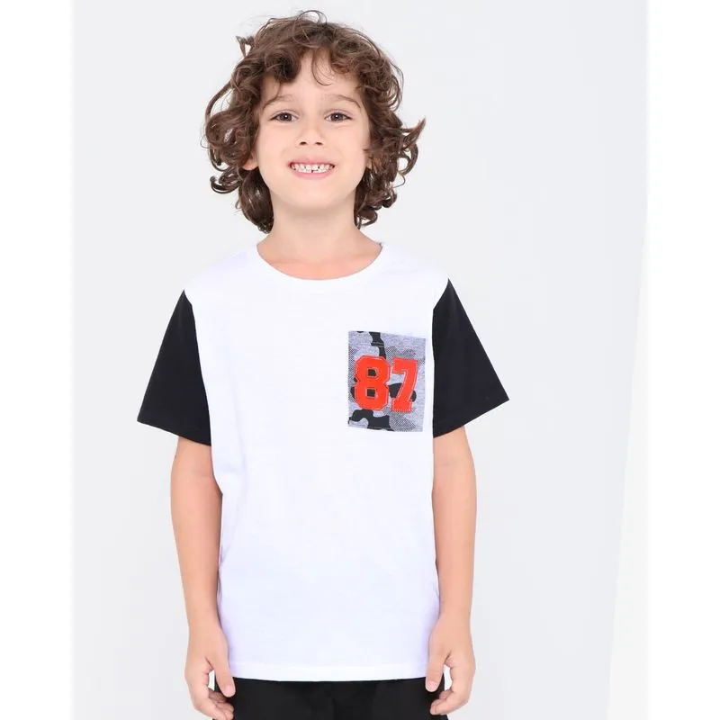 Camiseta Infantil Manga Curta Com Bolso Multicor Branca 6