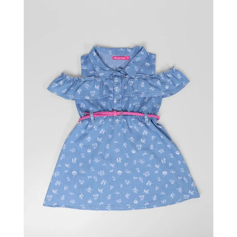 Vestido Bebê Jeans Open Shoulder Floral Azul 1