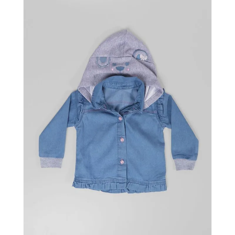 Camisa Jeans Bebê Com Capuz Ursinho Azul P