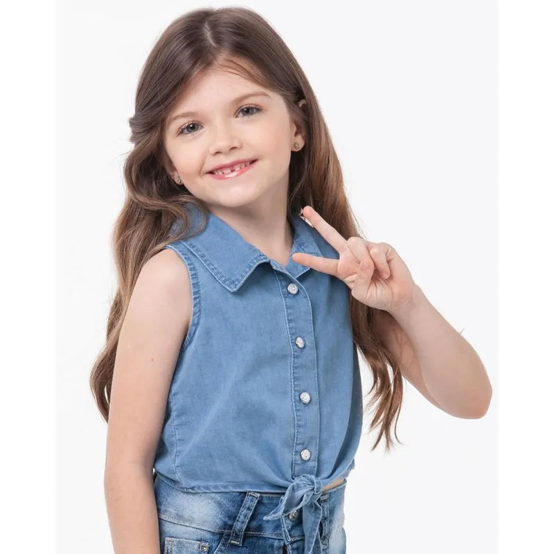 Regata Jeans Infantil Laço Azul 4