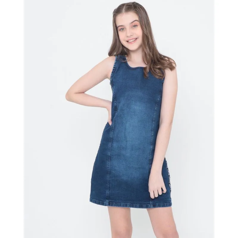 Vestido Jeans Juvenil Faixa Lateral Azul Escuro 12