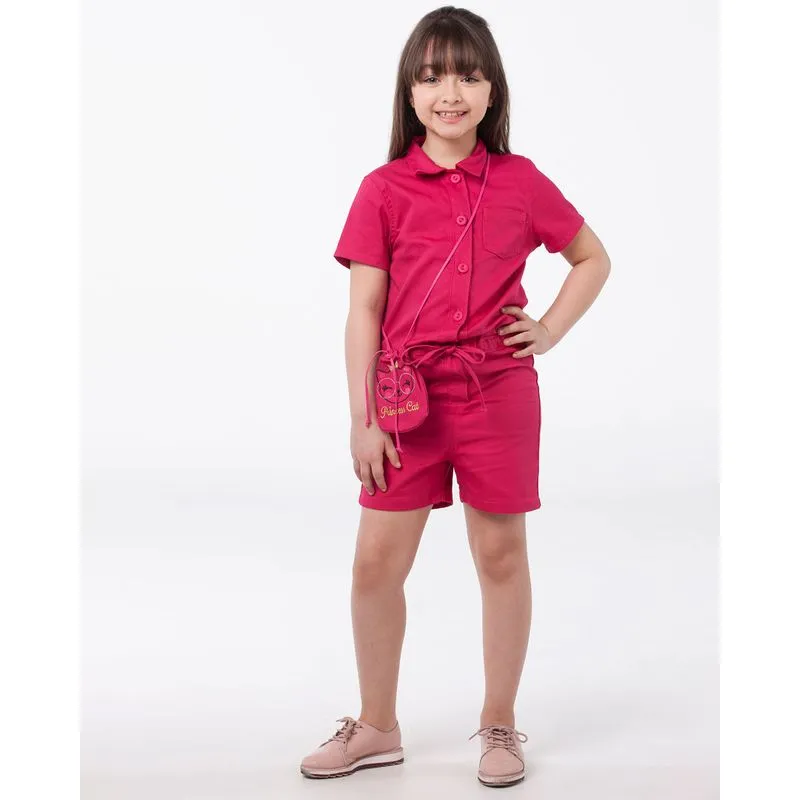 Macaquinho Jeans Infantil Com Bolsa Transversal Rosa Pink 8