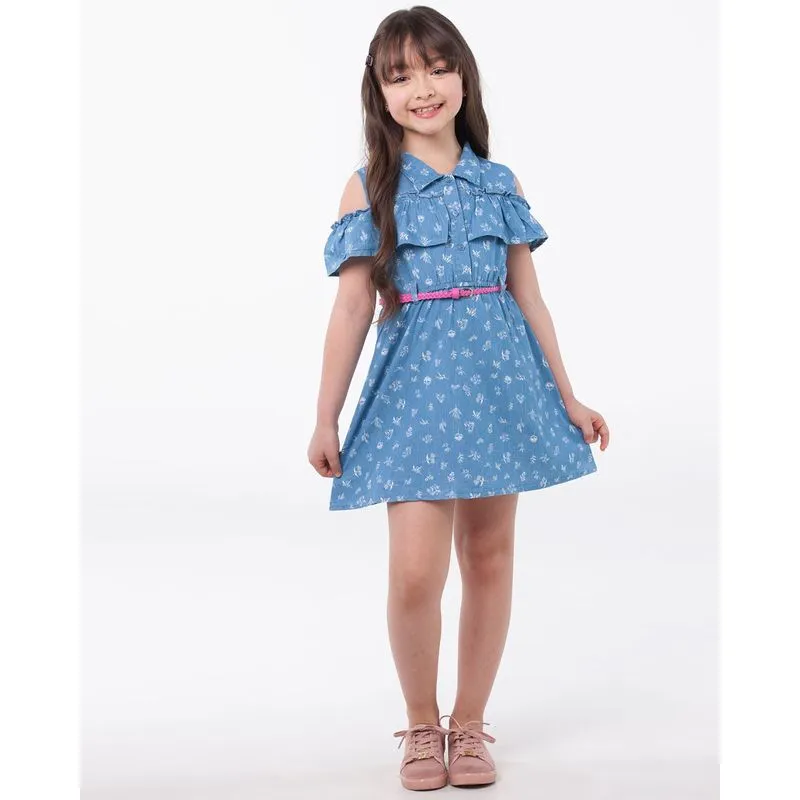 Vestido Jeans Infantil Open Shoulder Estampado Azul 4