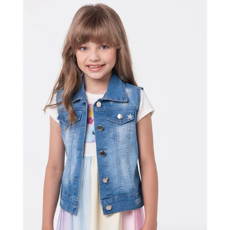 Colete Jeans Infantil Brilho Estrelas Azul 8