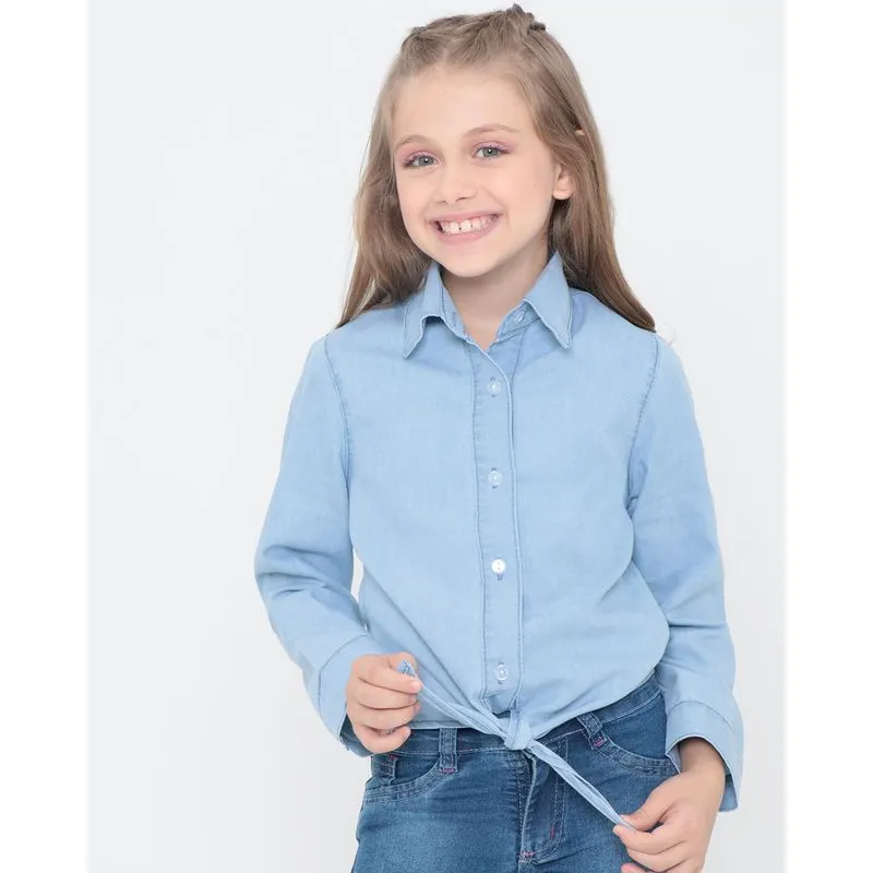 Camisa Jeans Infantil Manga Longa Amarração Azul 4