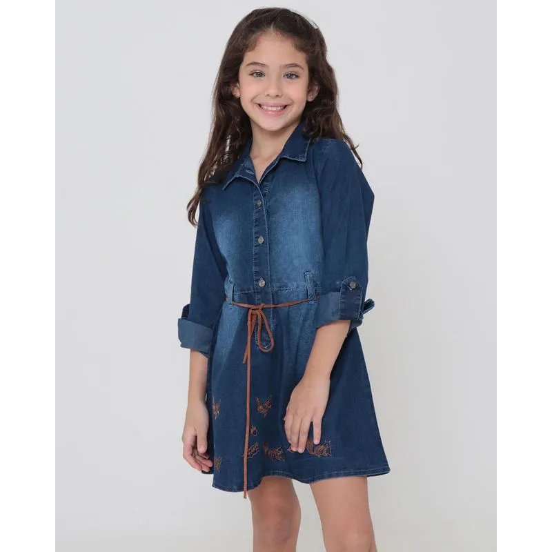 Vestido Jeans Infantil Bordado Azul Escuro 4