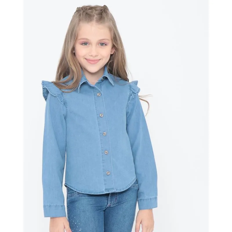 Camisa Infantil Jeans Manga Longa Babados Azul 6