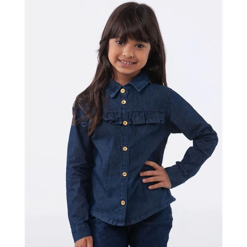 Camisa Infantil Jeans Manga Longa Babado Azul Escuro 4