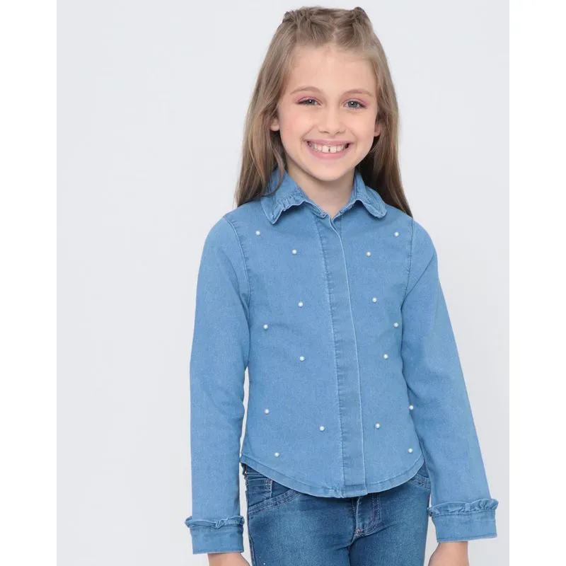 Camisa Infantil Jeans Manga Longa Pérolas Azul 6