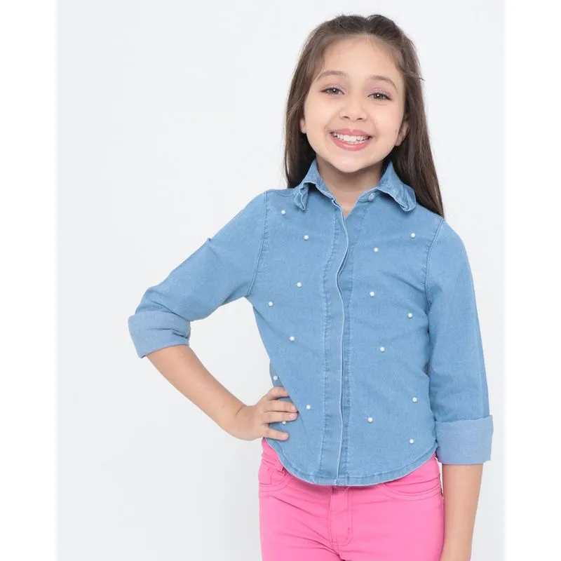 Camisa Infantil Jeans Pérolas Azul 6