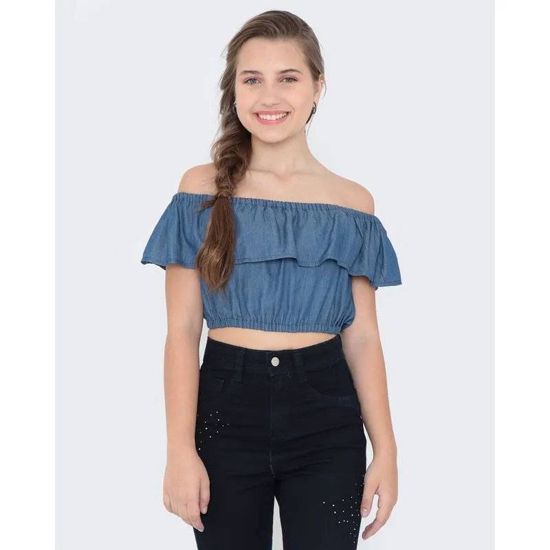 Blusa Juvenil Ciganinha Cropped Azul 16