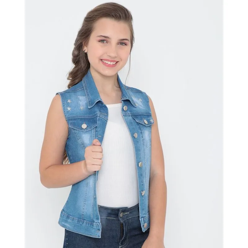 Colete Jeans Juvenil Estrelas Azul 14