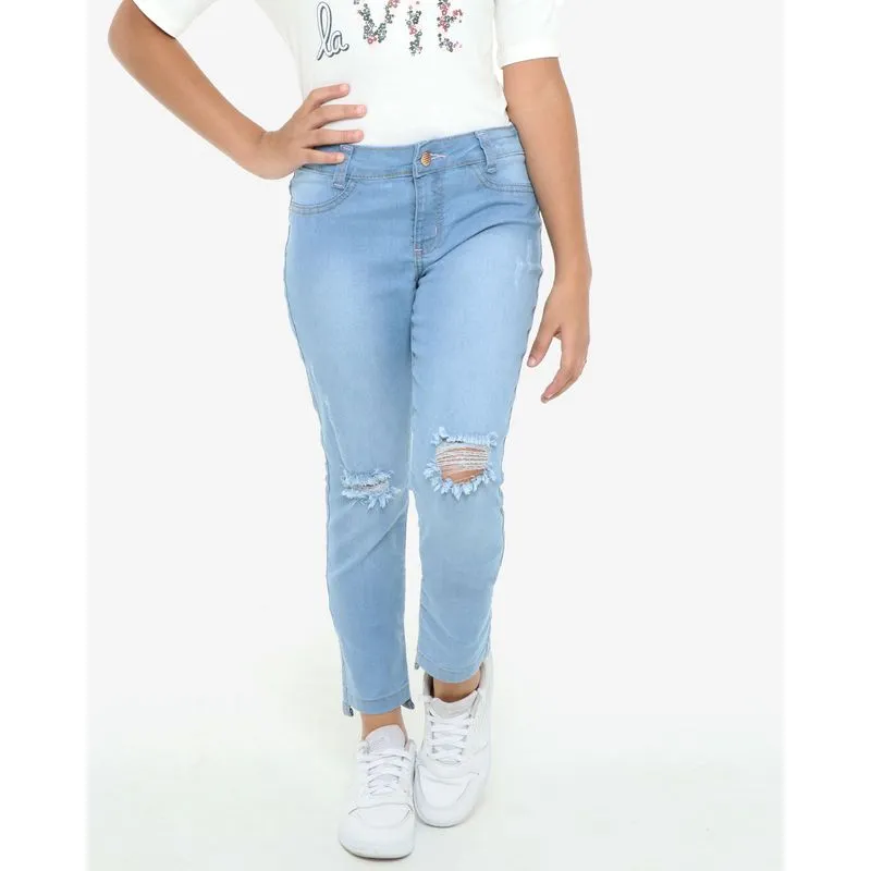 Calça Jeans Juvenil Skinny Puídos Azul Claro 12