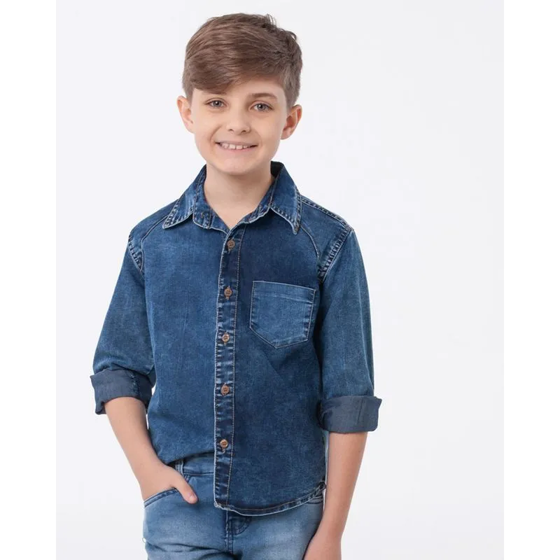 Camisa Jeans Infantil Manga Longa Recorte Azul 4