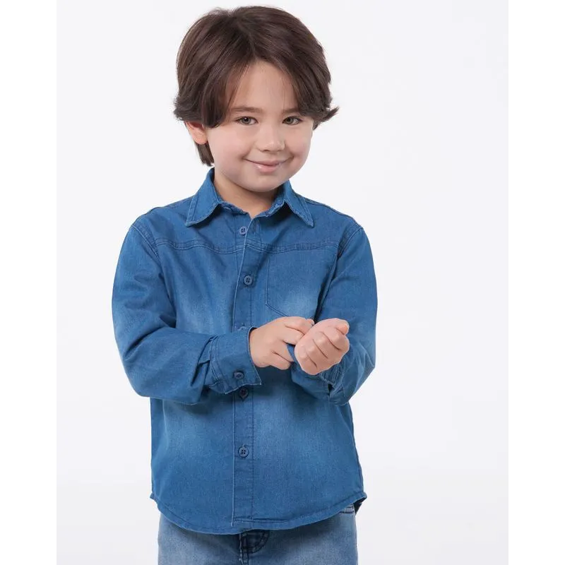 Camisa Jeans Infantil Manga Longa Bolso Azul 4