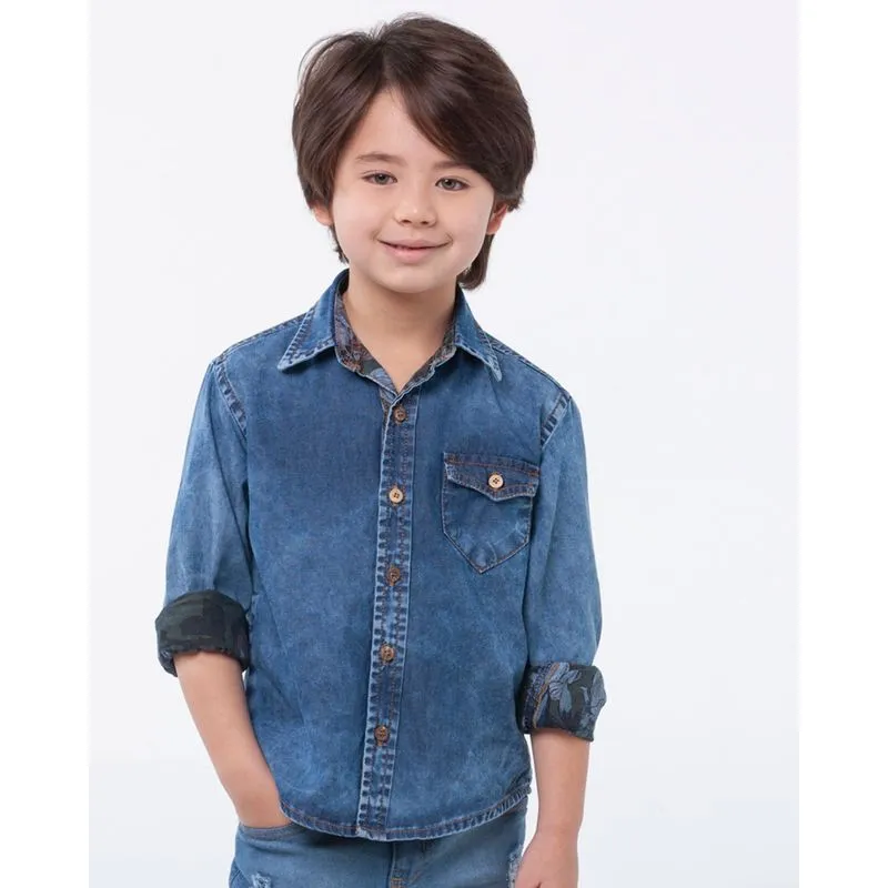 Camisa Jeans Infantil Manga Longa Azul 8