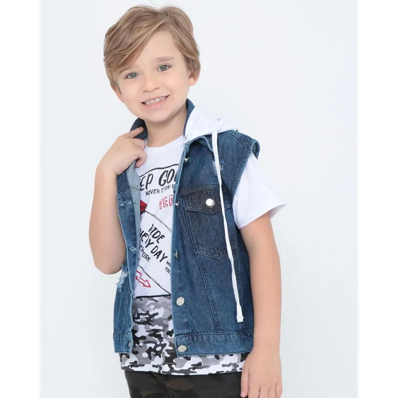 Colete Jeans Infantil Destroyed Com Capuz 4