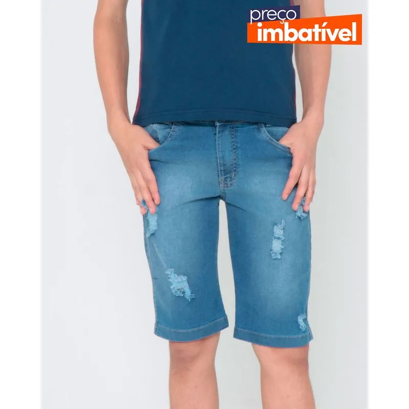 Bermuda Jeans Juvenil Com Puídos Azul Claro 10