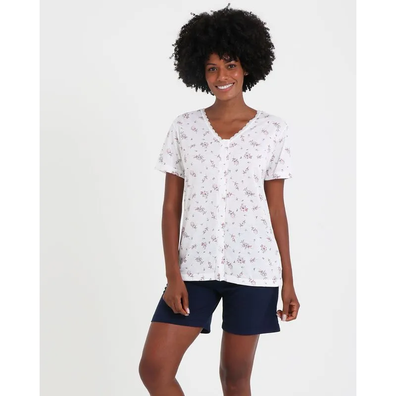 Pijama Feminino Manga Curta Estampa Floral Bege P