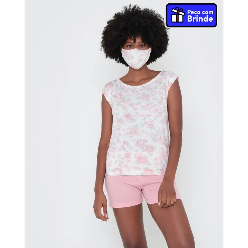 Pijama com Máscara Estampa Floral Branco M